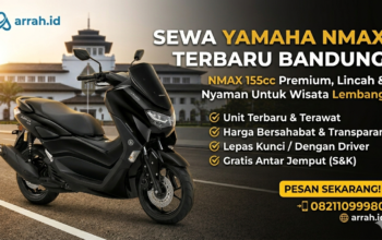 "Sewa motor Yamaha NMAX terbaru 2026 warna hitam di Bandung arrah.id dengan latar belakang Gedung Sate saat sunset."