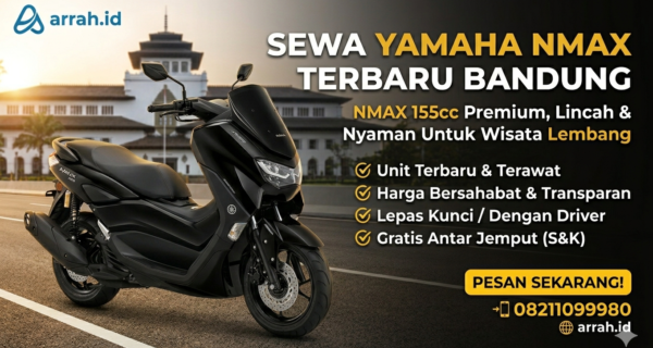 "Sewa motor Yamaha NMAX terbaru 2026 warna hitam di Bandung arrah.id dengan latar belakang Gedung Sate saat sunset."